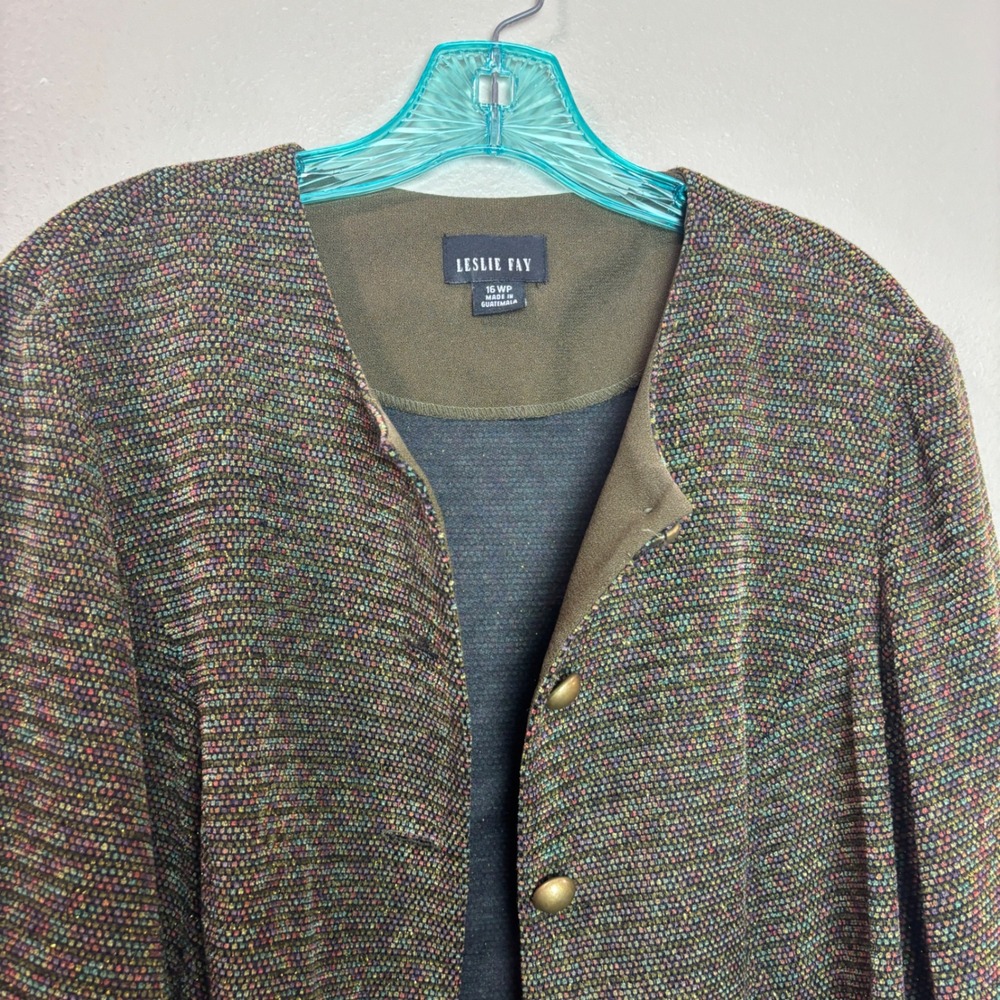 Leslie Fay Blazer Women 16WP Green Metallic Tweed Button Front Jacket Academia - Picture 9 of 13